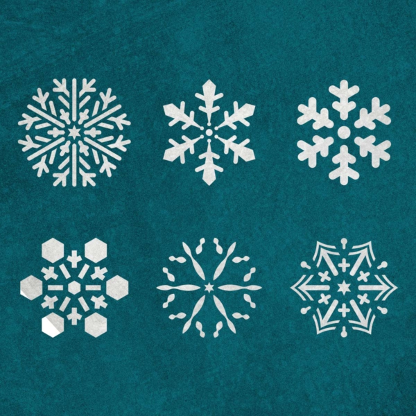 Płatek śniegu, śnieżynka, zestaw 6 sztuk - świąteczny szablon malarskie wielokrotnego użytku, wizualizacja na ciemnym tle