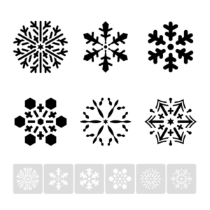 Płatek śniegu, śnieżynka, zestaw 6 sztuk - świąteczny szablon malarskie wielokrotnego użytku, wizualizacja czarno-biała