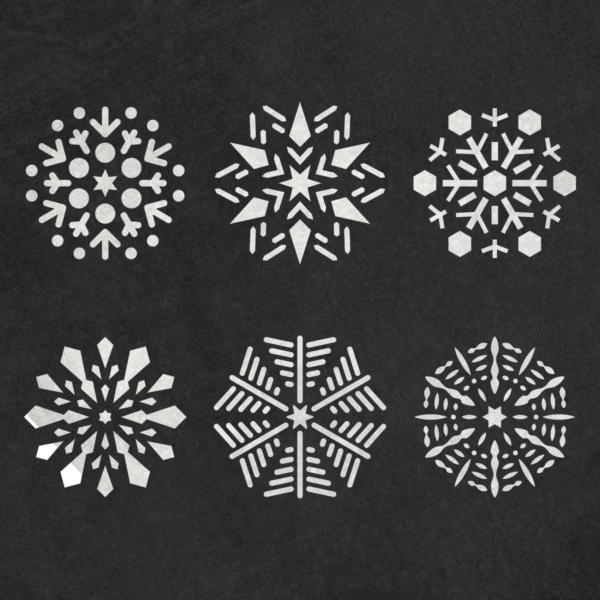 Płatek śniegu, śnieżynka, zestaw 6 sztuk - świąteczny szablon malarskie wielokrotnego użytku, wizualizacja na ciemnym tle