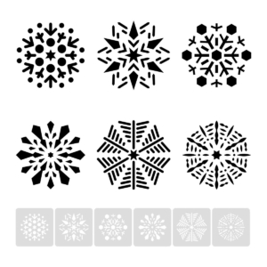Płatek śniegu, śnieżynka, zestaw 6 sztuk - świąteczny szablon malarskie wielokrotnego użytku, wizualizacja czarno-biała